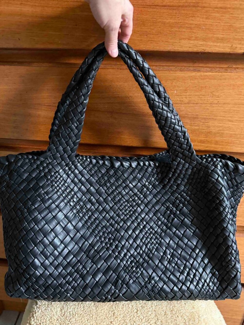 Woven Leather Falor Made in Italy XL Black NWOT ToteBag Satchel